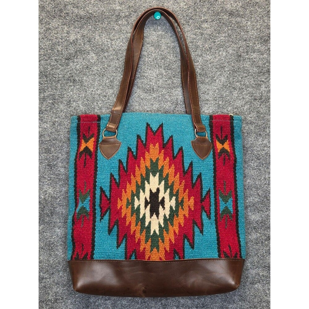 El Paso Saddleblanket Tote Bag Womens Large Southwestern Wool Leather Boho Aztec